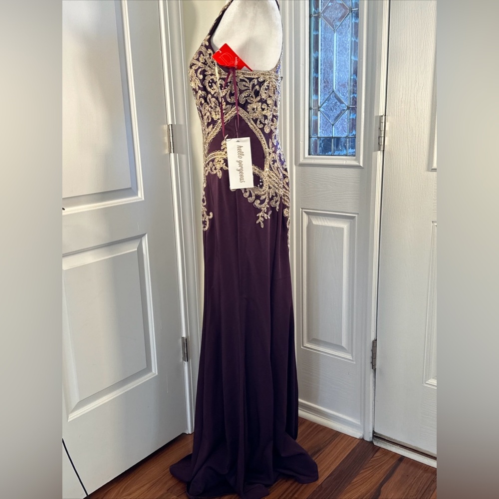 Dancing Queen Purple and Gold Embellished Halter Gown - Picture 11 of 16